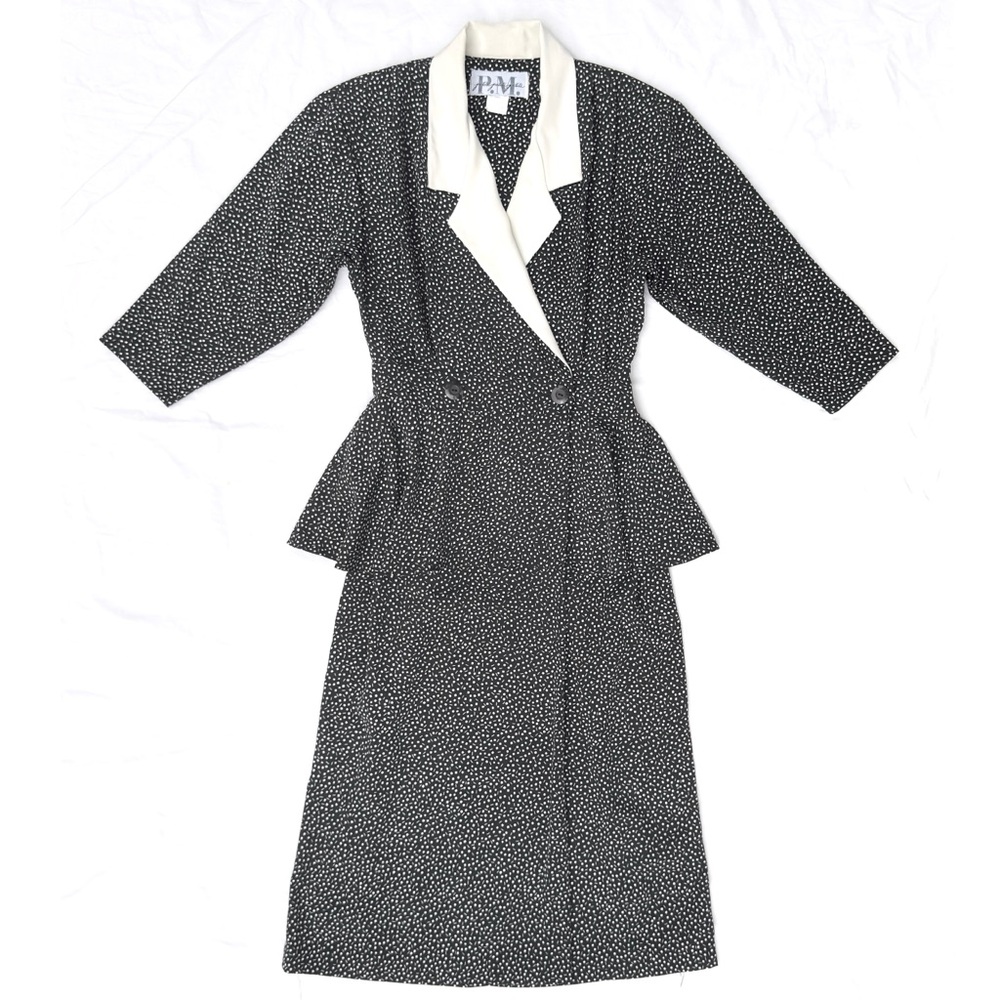 Vintage 80s P.M. Petite B&W Geometric Faux-Wrap Peplum Collared Blazer Dress